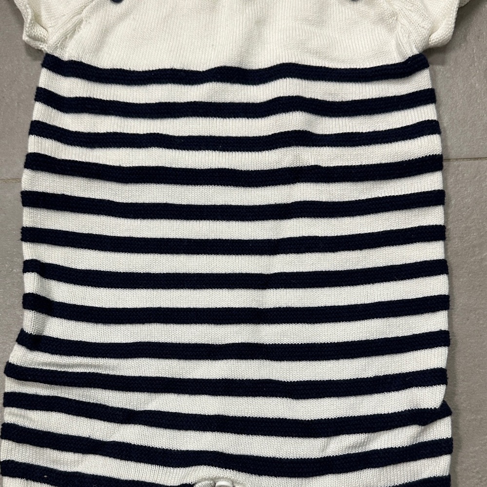 Janie and Jack White Striped Knit Romper with Navy Buttons - Picture 5 of 16